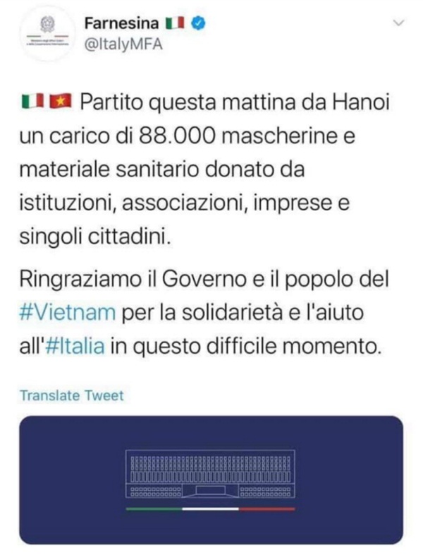 Tổng thống Trump cùng đại diện nước Ý lần lượt đăng lời cảm ơn Việt Nam trên Twitter vì giúp chống dịch Covid-19-2