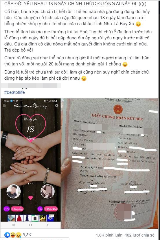 Xôn xao thông tin cặp đôi yêu nhau mới 18 ngày đã đăng ký kết hôn bị hủy đám cưới vì cô dâu phát hiện chú rể cắm sừng ngay trước hôn lễ?-2