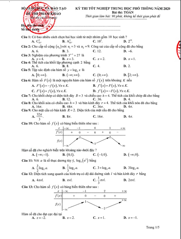 Đề thi tham khảo kỳ thi tốt nghiệp THPT năm 2020 môn Toán-1