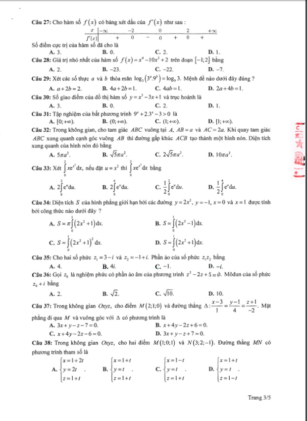 Đề thi tham khảo kỳ thi tốt nghiệp THPT năm 2020 môn Toán-3