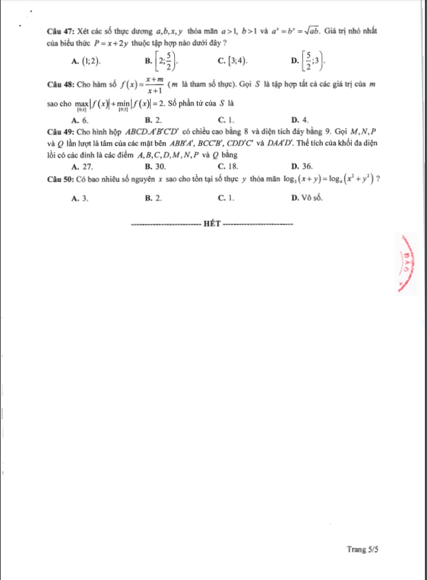 Đề thi tham khảo kỳ thi tốt nghiệp THPT năm 2020 môn Toán-5