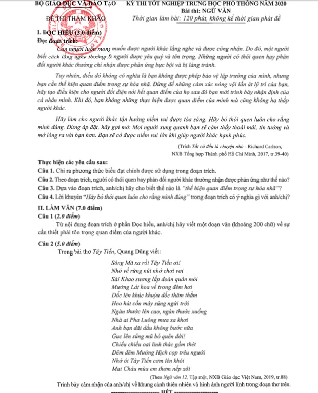 Đề thi tham khảo kỳ thi tốt nghiệp THPT Quốc gia 2020 môn Ngữ Văn-1