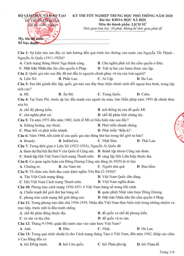 Đề thi tham khảo kỳ thi tốt nghiệp THPT Quốc gia năm 2020 tổ hợp Khoa học Xã hội-1