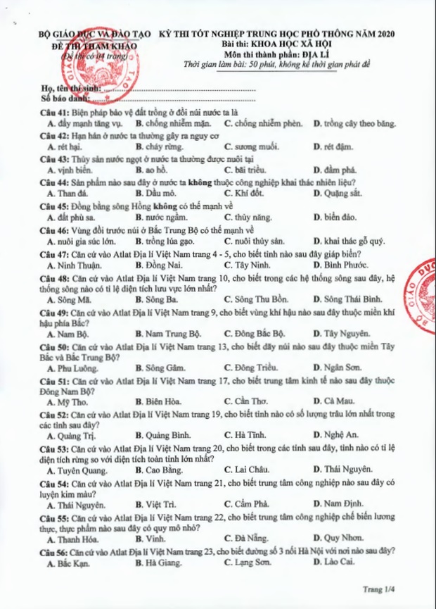 Đề thi tham khảo kỳ thi tốt nghiệp THPT Quốc gia năm 2020 tổ hợp Khoa học Xã hội-5