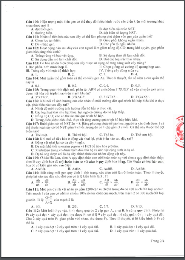 Đề thi tham khảo kỳ thi tốt nghiệp THPT năm 2020 môn Sinh học-2