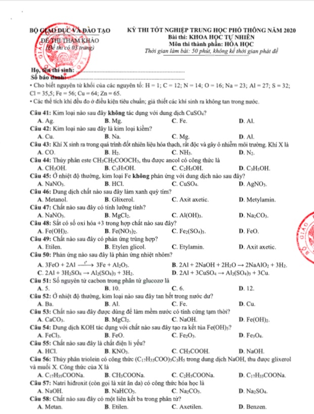 Đề thi tham khảo kỳ thi tốt nghiệp THPT Quốc gia năm 2020 môn Hóa-1