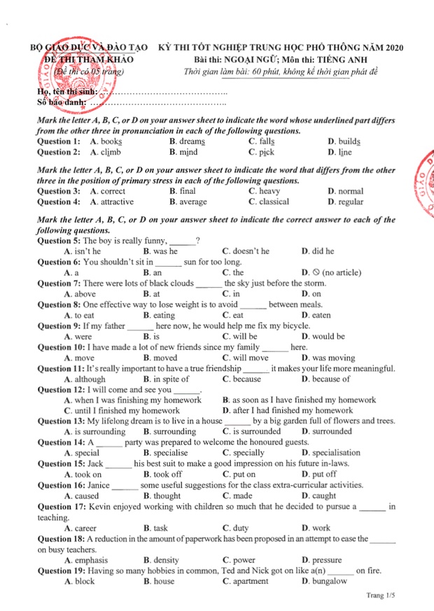 Đề thi tham khảo kỳ thi tốt nghiệp THPT năm 2020 môn Tiếng Anh-1