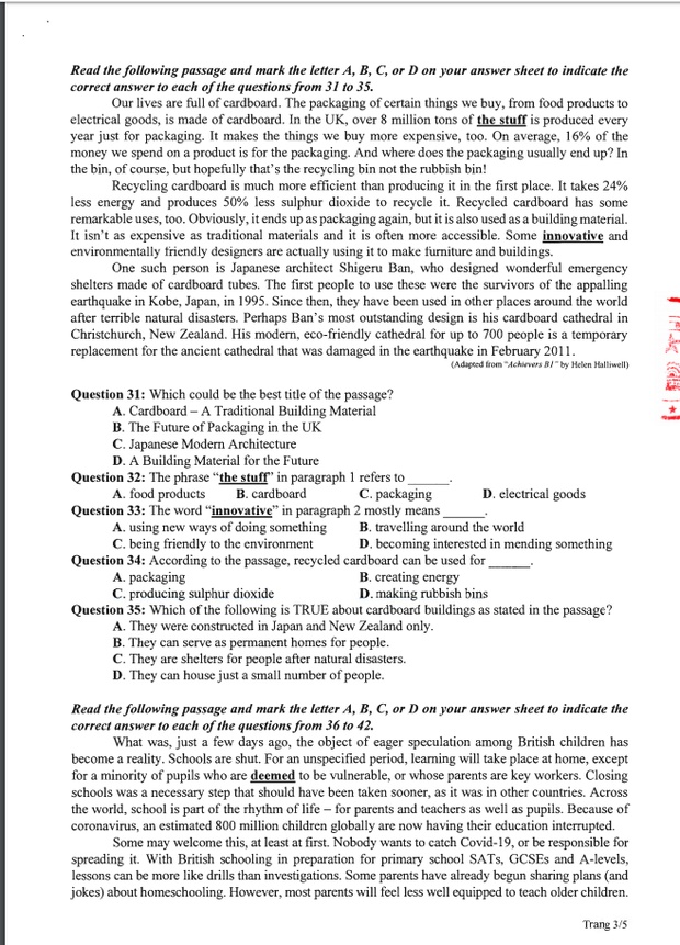 Đề thi tham khảo kỳ thi tốt nghiệp THPT năm 2020 môn Tiếng Anh-3