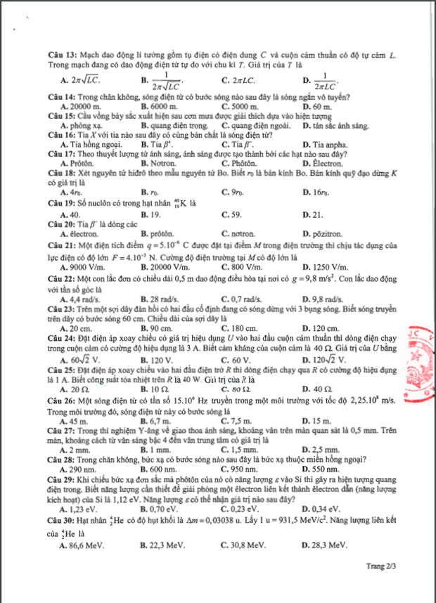 Đề thi tham khảo kỳ thi tốt nghiệp THPT năm 2020 môn Vật lý-2