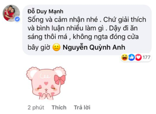 Duy Mạnh lên tiếng an ủi Quỳnh Anh sống và cảm nhận không cần giải thích, chứng minh tình cảm lập tức bằng cách rủ vợ đi ăn sáng-1