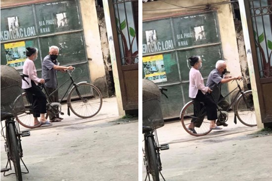 Hình ảnh 2 ông bà chở nhau trên chiếc xe đạp trước ngõ và mẩu chuyện phía sau khiến ai nấy cực kì thích thú