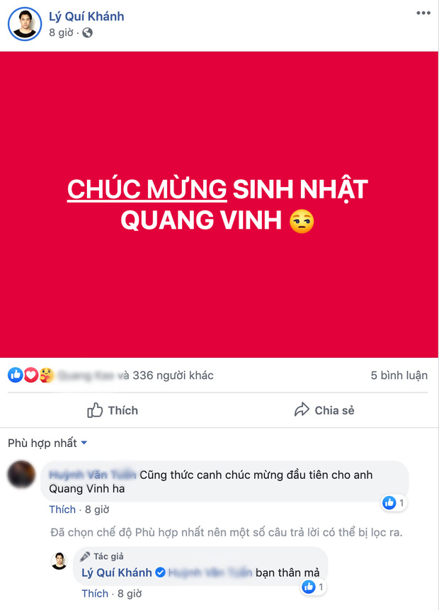 Lý Quý Khánh là người đầu tiên chúc mừng sinh nhật Quang Vinh | Tin tức  Online