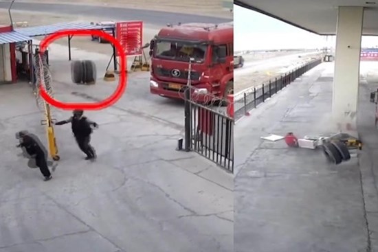 Cặp lốp xe tải bay qua cổng ‘hạ gục’ cột bơm xăng, 3 người thoát chết