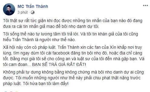 Vừa bị tung tin bôi nhọ dùng chất cấm, Trấn Thành phẫn nộ đáp trả: Tôi cam đoan bạn sẽ phải trả giá rất đắt!”-1