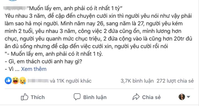 Đang tính chuyện kết hôn, người đàn ông choáng váng vì bạn gái tuyên bố: Muốn lấy em, anh phải có ít nhất 1 tỷ”-1