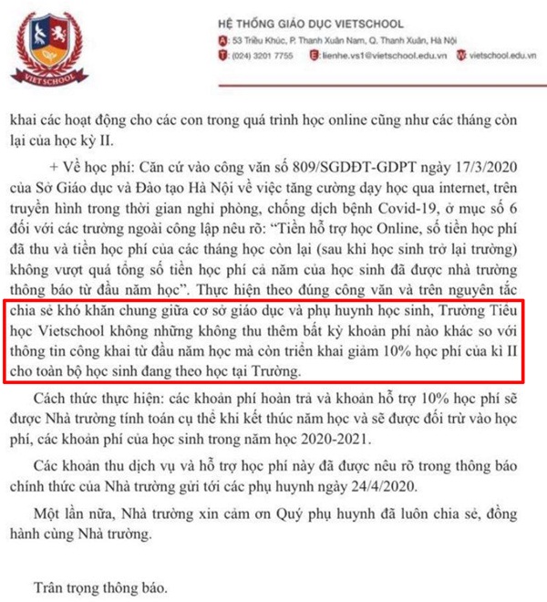 Phụ huynh một trường tiểu học ở Hà Nội tố bị trường gửi email cảnh cáo sau khi phản đối chính sách học phí mùa dịch-1