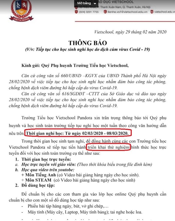 Phụ huynh một trường tiểu học ở Hà Nội tố bị trường gửi email cảnh cáo sau khi phản đối chính sách học phí mùa dịch-2