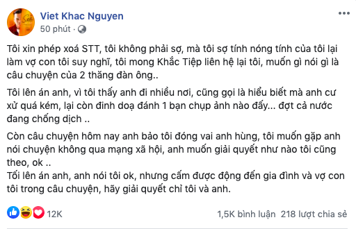 Vừa gay gắt xưng tao - mày, tuyên bố vào Sài Gòn xử đẹp Vũ Khắc Tiệp, Khắc Việt đã xóa ngay status và đổi lại thành anh - tôi-1