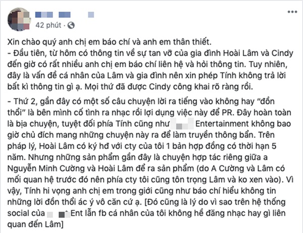 Đại diện Hoài Lâm chính thức lên tiếng về nghi vấn mượn chuyện tan vỡ để PR, tiết lộ tình trạng đáng lo của nam ca sĩ-1