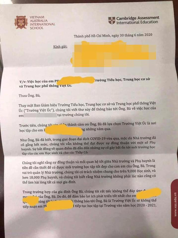 Vụ việc phụ huynh trường Quốc tế Việt Úc nhận thư không thể tiếp tục tiếp nhận học sinh vào năm học tới, trường chính thức phản hồi-1