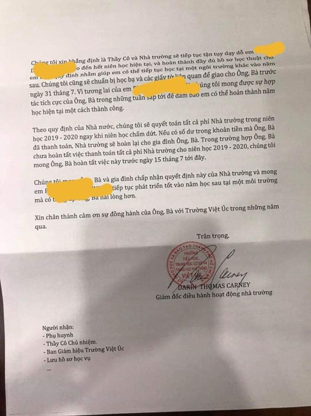 Vụ việc phụ huynh trường Quốc tế Việt Úc nhận thư không thể tiếp tục tiếp nhận học sinh vào năm học tới, trường chính thức phản hồi-2