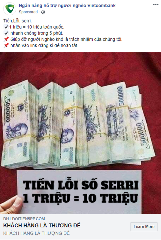 Xuất hiện fanpage Ngân hàng hỗ trợ người nghèo nhận đổi 1 triệu lấy 10 triệu, chạy quảng cáo rầm rộ trên Facebook: Cẩn thận tiền mất tật mang!-1