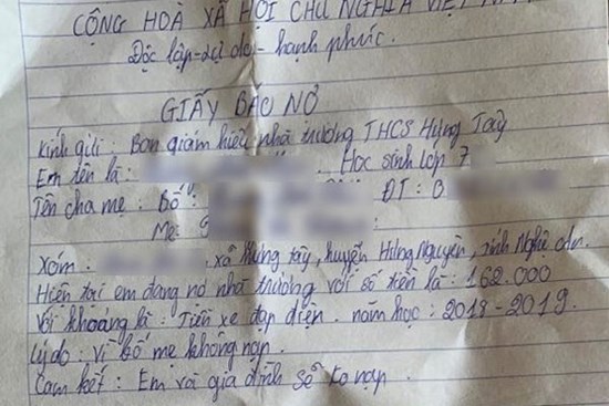 Nhà trường bắt học sinh lớp 7 viết “giấy báo nợ” vì gia đình chưa đóng 162.000 đồng tiền gửi xe