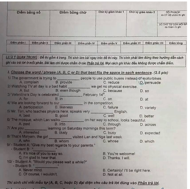 Đề thi và đáp án môn Tiếng Anh kỳ thi tuyển sinh vào lớp 10 TP.HCM-1