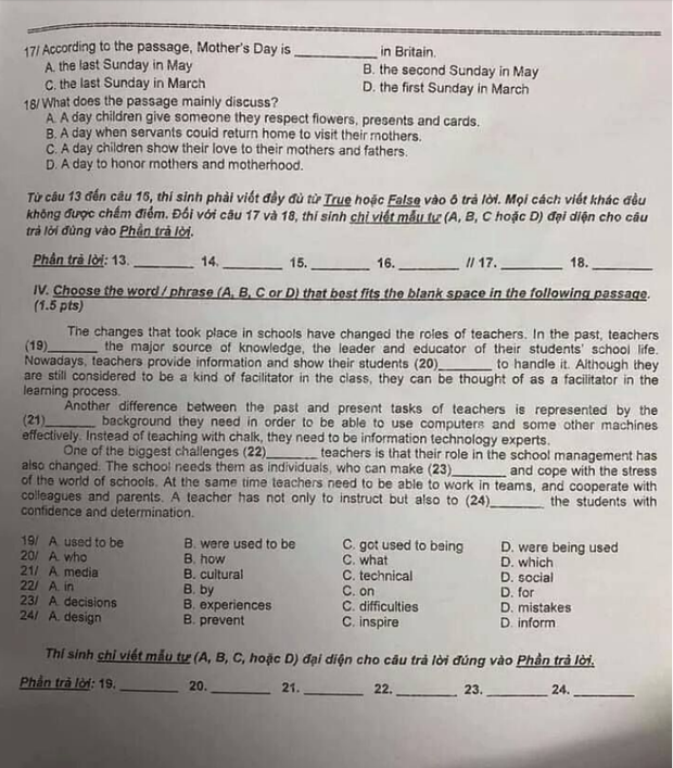 Đề thi và đáp án môn Tiếng Anh kỳ thi tuyển sinh vào lớp 10 TP.HCM-3