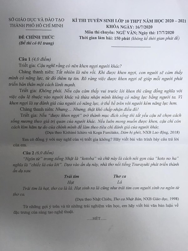Đề thi, Đáp án thi vào lớp 10 chuyên Văn và Toán 2020 TP.HCM-1