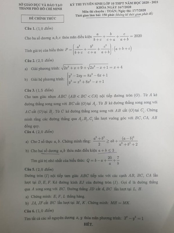 Đề thi, Đáp án thi vào lớp 10 chuyên Văn và Toán 2020 TP.HCM-2