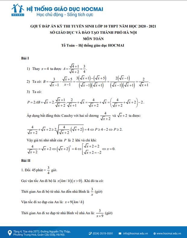 Đáp án đề thi tuyển sinh vào lớp 10 môn Toán 2020 Hà Nội-1