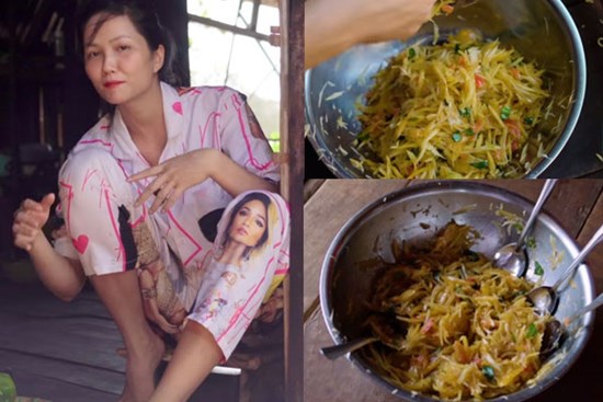 H'Hen Niê leo cây nhanh thoăn thoắt, hái đu đủ đem về giã ăn chơi