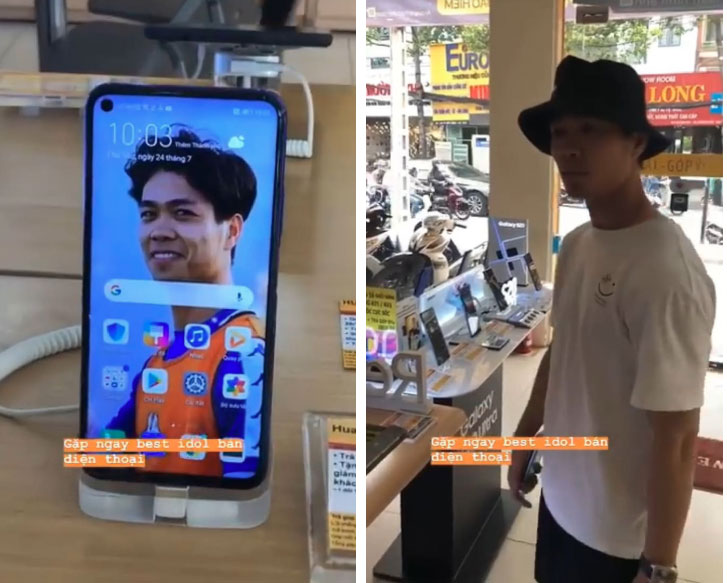 Hài hước: Công Phượng bị bạn troll trong shop bán điện thoại, bối rối khi thấy ảnh của mình trên hàng mẫu-1