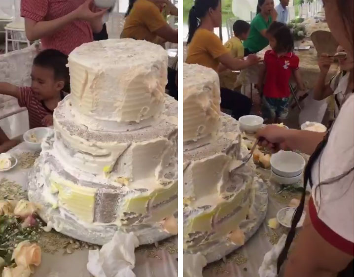 Dân mạng giật mình với clip các em bé cạo vỏ bánh cưới để ăn mà không dám đụng phần nhân, hóa ra sự thật về những chiếc bánh cưới hoành tráng là đây-1