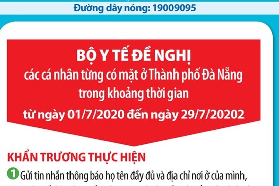 Bộ Y tế: Đề nghị tất cả cá nhân từng có mặt ở TP Đà Nẵng từ ngày 01/7 đến 29/7 khẩn trương liên hệ y tế