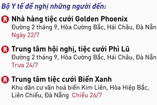 Khẩn: Bộ Y tế tìm kiếm những người từng đến 3 trung tâm tiệc cưới ở Đà Nẵng liên quan bệnh nhân Covid-19