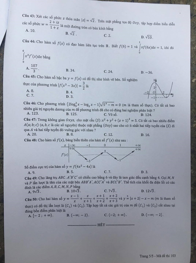 Đã có đề thi tốt nghiệp THPT môn Toán, dài 5 trang với 50 câu hỏi như sau-4