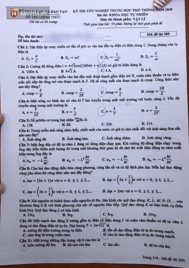Đề thi tốt nghiệp THPT Quốc gia 2020 môn Vật lý-1