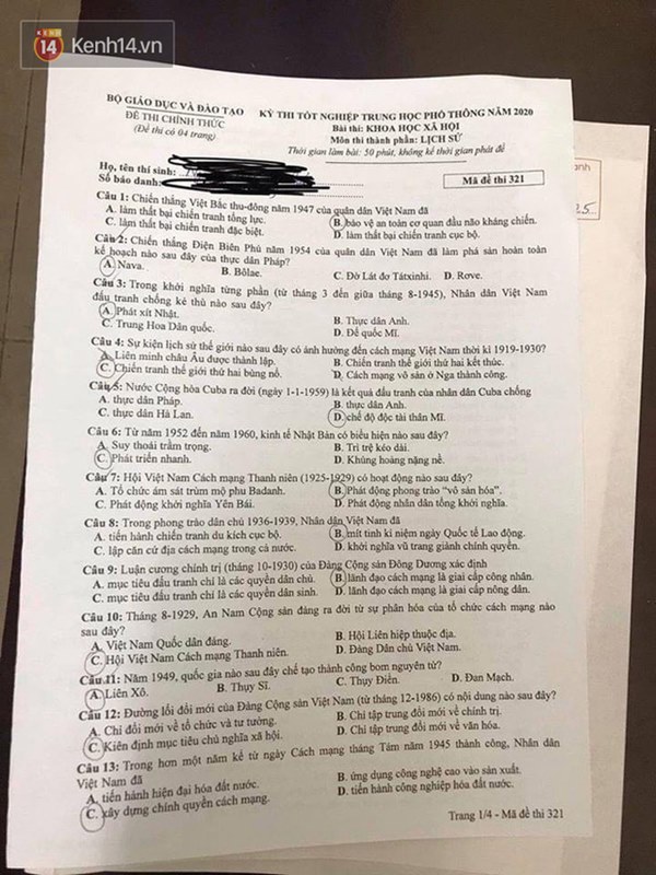 Đề thi môn Lịch sử tốt nghiệp THPT quốc gia 2020-1