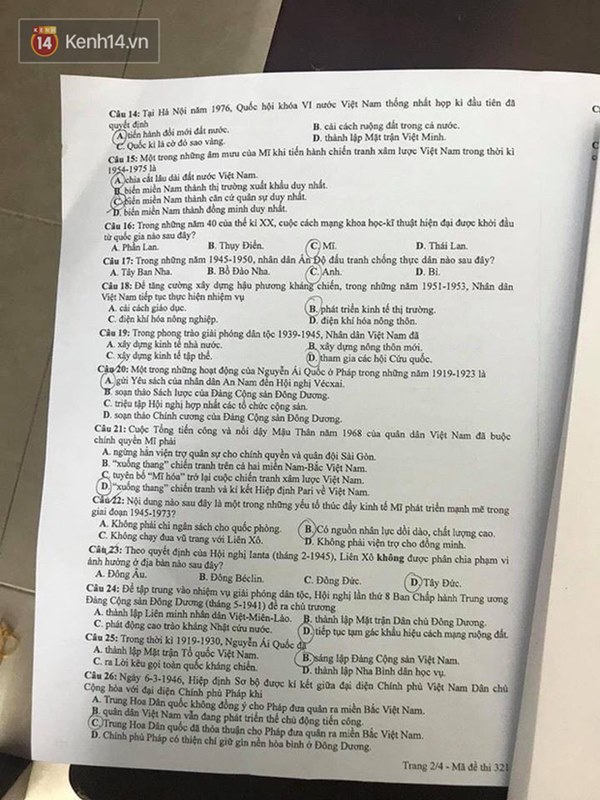 Đề thi môn Lịch sử tốt nghiệp THPT quốc gia 2020-2