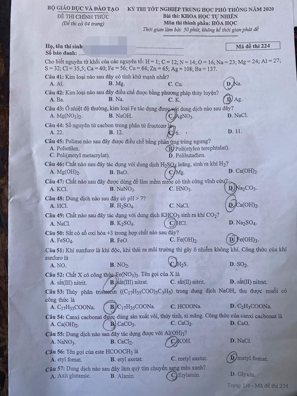 Đề thi môn Hóa tốt nghiệp THPT Quốc gia 2020-1