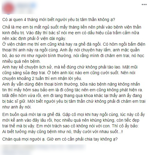 Yêu nhau hơn 4 tháng cô gái mới phát hiện người yêu bị tâm thần, còn tức nghẹn cổ khi nghe câu chốt của người chứng kiến toàn bộ cuộc tình-1