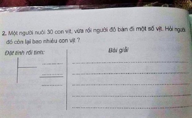 Có 30 con vịt, bán đi một số con vịt, hỏi còn mấy con: Bài Toán lớp 3 khiến dân mạng tức anh ách-1