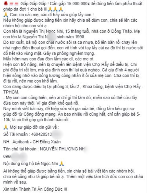 Kẻ gian nhẫn tâm lấy hình ảnh bé gái 15 tháng tuổi bỏng nặng đăng Facebook, bịa chuyện điều trị ở BV Chợ Rẫy để trục lợi-1