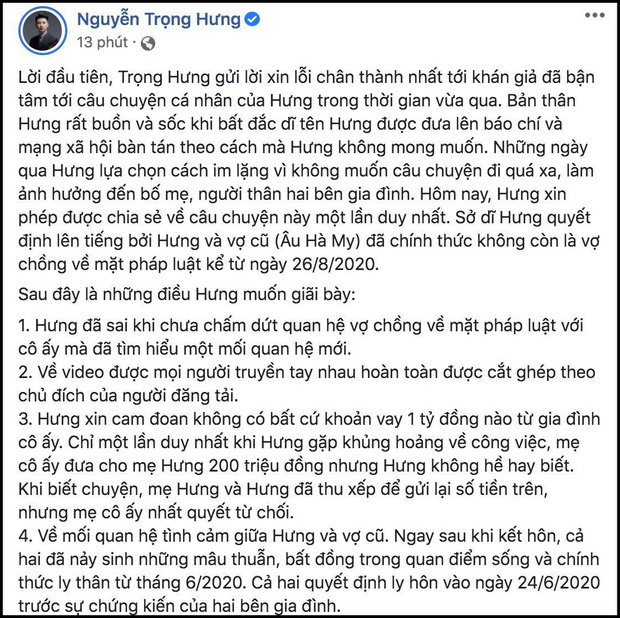 Nguyễn Trọng Hưng khẳng định Âu Hà My không mang thai, nhận sai khi chưa ly hôn đã tìm hiểu người mới-1