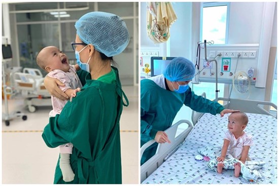 Trúc Nhi cười tít mắt trong vòng tay mẹ, Diệu Nhi ngoan ngoãn ngồi im nghe bác sĩ
