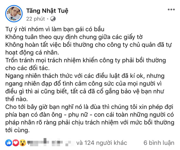Tăng Nhật Tuệ tố 1 nam ca sĩ tự ý rời nhóm vì làm bạn gái có bầu, không bồi thường cho công ty chủ quản-1