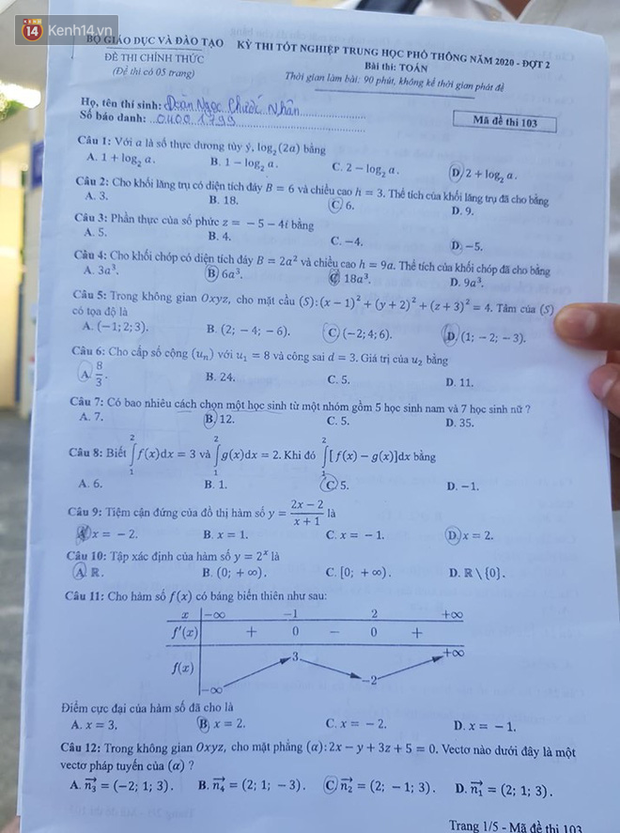 Đề thi tốt nghiệp THPT Quốc gia môn Toán đợt 2: Vừa sức, không khó-1