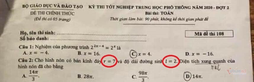 Xôn xao về 1 bài toán trong đề thi tốt nghiệp THPT đợt 2-2